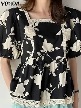 Летняя Модная блузка VONDA, Женские Богемные топы 2023, Кружевная рубашка с квадратным рукавом с цветочным принтом, Повседневные блузы с оборками