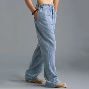 Льняные брюки для мужчин, однотонные спортивные повседневные брюки, модная мужская одежда, прямые мужские брюки со свободными завязками