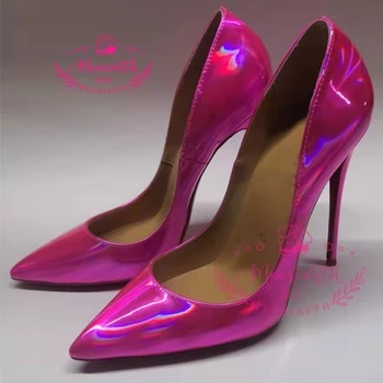 Модные красочные женские свадебные туфли 8 см, 10 см, 12 см, золотистые туфли на высоком каблуке с острым носком, большие размеры 35-43, туфли-лодочки без застежек для рабочих вечеринок