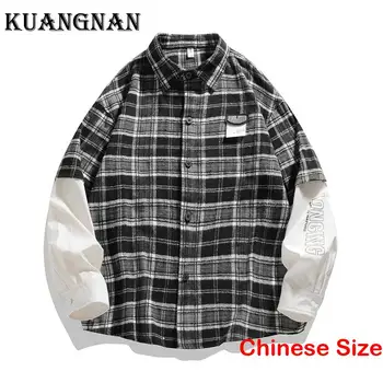 Мужская рубашка в клетку KUANGNAN, оригинальные Мужские рубашки и блузки, топы, крутая блузка, Корейская роскошная одежда 3XL 2023 Весна