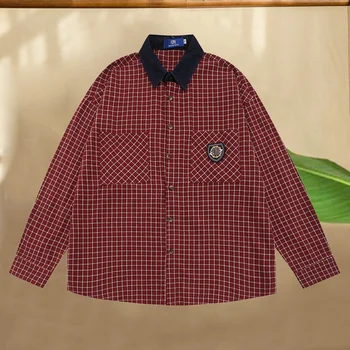 Мужская рубашка с длинными рукавами в клетку, уличная одежда, повседневная рубашка с вышивкой с мультяшным рисунком, Летние рубашки с лацканами