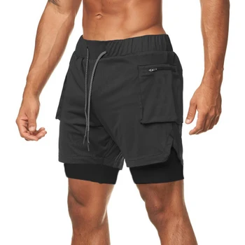 Мужские шорты для фитнеса из двух частей, Шорты-карго С большим карманом, 2 В 1, летние спортивные штаны для бега трусцой, дышащие короткие штаны из полиэстера