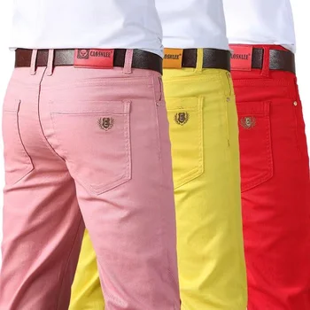 Мужские эластичные джинсы Slim Fit 2023, новые Корейские модные Повседневные хлопчатобумажные джинсовые брюки, универсальные Мужские Красные, розовые, желтые джинсовые брюки