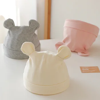 Мягкая хлопчатобумажная шапочка для новорожденных ярких цветов, детская Больничная шапочка с милыми Медвежьими ушками, Шапочка для мальчиков и девочек, Теплая шапочка-капот