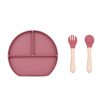 набор детской силиконовой посуды из 3 частей, детская обеденная тарелка на присоске с тремя решетками, набор детской посуды с буковой вилкой и ложкой