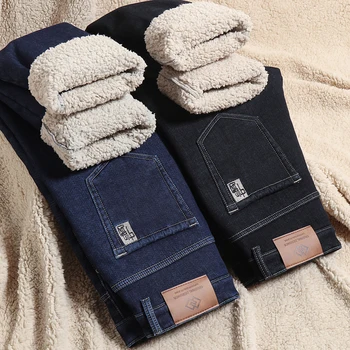 Новинка зимы 2023, мужские флисовые теплые джинсы, классический стиль, деловые повседневные утепленные джинсовые брюки обычной посадки, черные, синие брендовые брюки
