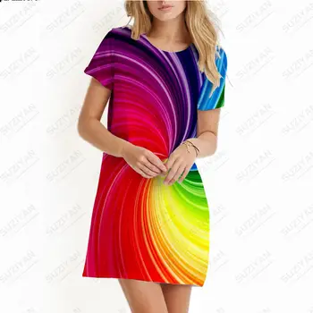 Новое модное весенне-летнее женское платье с цветочным рисунком, пляжное платье с 3D-принтом, круглый вырез, короткий рукав, повседневное платье трапециевидной формы