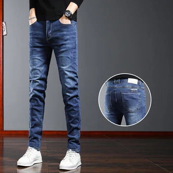 Новые дизайнерские мужские джинсы, синие облегающие джинсовые брюки-стрейч, модные универсальные удобные джинсовые брюки-карандаш, мужские повседневные джинсы