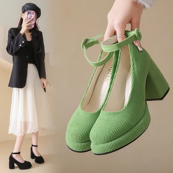 Новые модные зеленые туфли-лодочки на платформе, женские туфли Мэри Джейн на высоком каблуке с пряжкой и ремешком, вечерние вельветовые туфли в готическом стиле на блочном каблуке для женщин