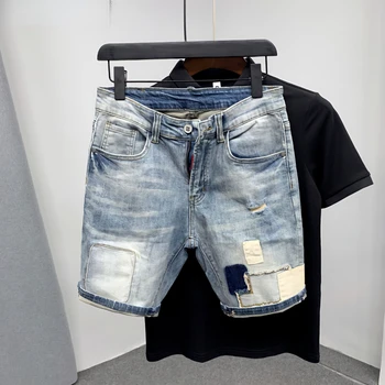 Новые мужские джинсовые шорты с дырками, застиранные повседневные джинсы в корейском стиле с заплаткой в четверть дюйма, бермуды masculina, мужская одежда
