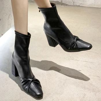 Обувь для женщин, Горячая распродажа 2023, Зимние женские ботинки средней длины, однотонные Модные ботинки с квадратным носком, на молнии, в складку, на толстом каблуке