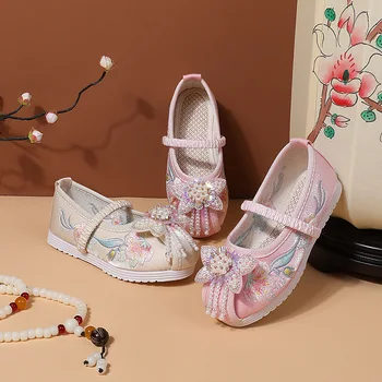 Обувь на плоской подошве для девочек, детская обувь из ткани с вышивкой, детские мокасины с бисером, обувь для сцены принцессы Ханфу в китайском стиле на фестивальной вечеринке
