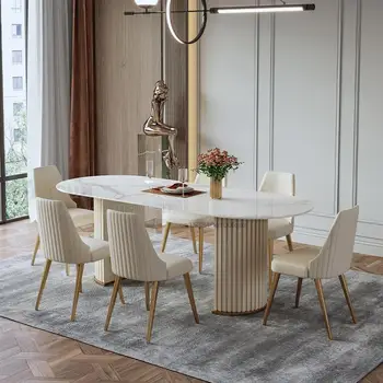 Овальный обеденный стол из глянцевой каменной доски, современный светлый обеденный стол и стул класса люкс для большой виллы, мебель для кухни в скандинавском стиле в строгом стиле