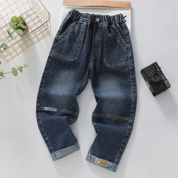 Осенние новые выстиранные джинсы для мальчиков 2023 года, детские эластичные джинсовые брюки