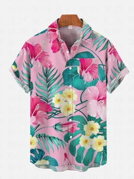 Повседневная гавайская рубашка с коротким рукавом и нагрудным карманом в виде листьев с рисунком гавайских цветов, летние 3D-гавайские рубашки