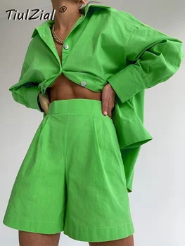 Повседневный женский короткий комплект TiulZial, спортивный костюм, одежда для отдыха, женская одежда из двух предметов, длинная рубашка оверсайз и шорты с высокой талией зеленого цвета