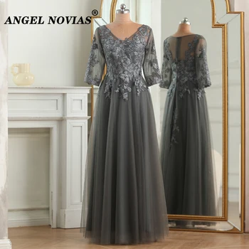 Реальное изображение Длинное Серое Платье для Матери Невесты 2023 с рукавами из Тюля, Свадебное платье Vestido Madre De La Novia 77270