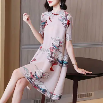 Ретро китайский стиль улучшенное плиссированное платье чонсам женское 2023 летнее новое высококачественное вестернизированное платье с коротким рукавом женские топы