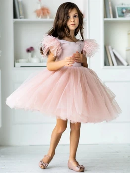 Розовые платья для девочек в цветочек, атласный топ, тюлевая пышная юбка с рукавом-бантом из перьев на плечо для свадьбы, Дня рождения, платья для первого причастия