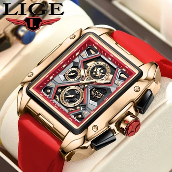 Роскошные кварцевые мужские часы бренда LIGE, Модный силиконовый ремешок, Водонепроницаемые Светящиеся Часы для мужчин, Деловые Квадратные Повседневные Спортивные часы