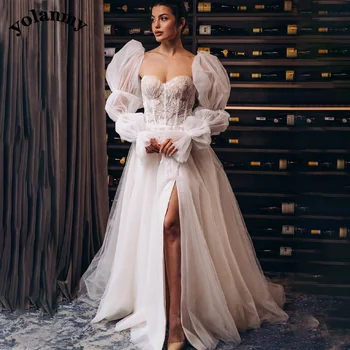 Свадебное платье YOLANMY Modern Aline с рукавами на шнуровке Длиной до пола, очаровательные аппликации с разрезами по бокам, кружевная спинка по индивидуальному заказу