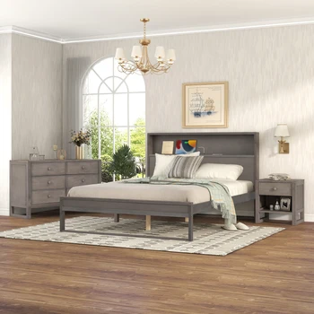 Серый спальный гарнитур из 3 предметов, кровать-платформа размера 