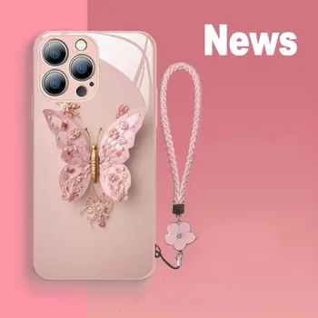 Сказочные бабочки, цепочка с клевером, защитный стеклянный чехол для телефона iPhone 14 13 12 11 Pro Max Plus, устойчивый к падению и грязи.