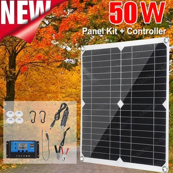 Солнечная Панель 50 Вт Комплект Полный Солнечный Контроллер 12V Безопасная Зарядка с 2 USB-Портами Резервного Зарядного Устройства для Аккумулятора Телефона Автомобиля RV Кемпинга