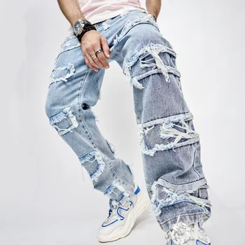 Уличные брюки Мужские брюки полной длины с заплатками прямого кроя Мужские джинсы в стиле хип-хоп