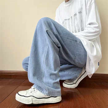 Уличные джинсы в стиле ретро для мужчин с мешковатыми карманами, джинсовые широкие брюки, Корейские Однотонные Винтажные модные Мужские брюки в стиле хип-хоп